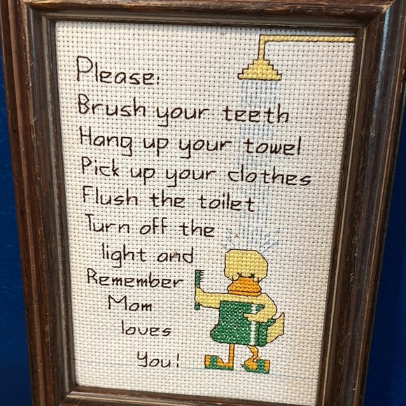 Vintage Framed Cross-Stitch “ Please Brush Your Teeth..” Art Wall Hanging 9”x 7” - Picture 2 of 3